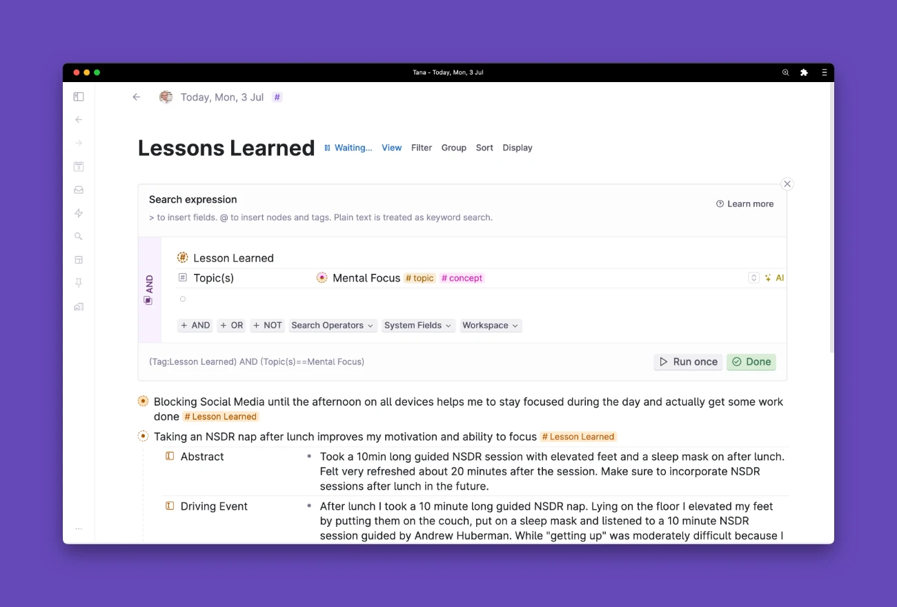 Screenshot of a live search for Lessons Learned in Tana