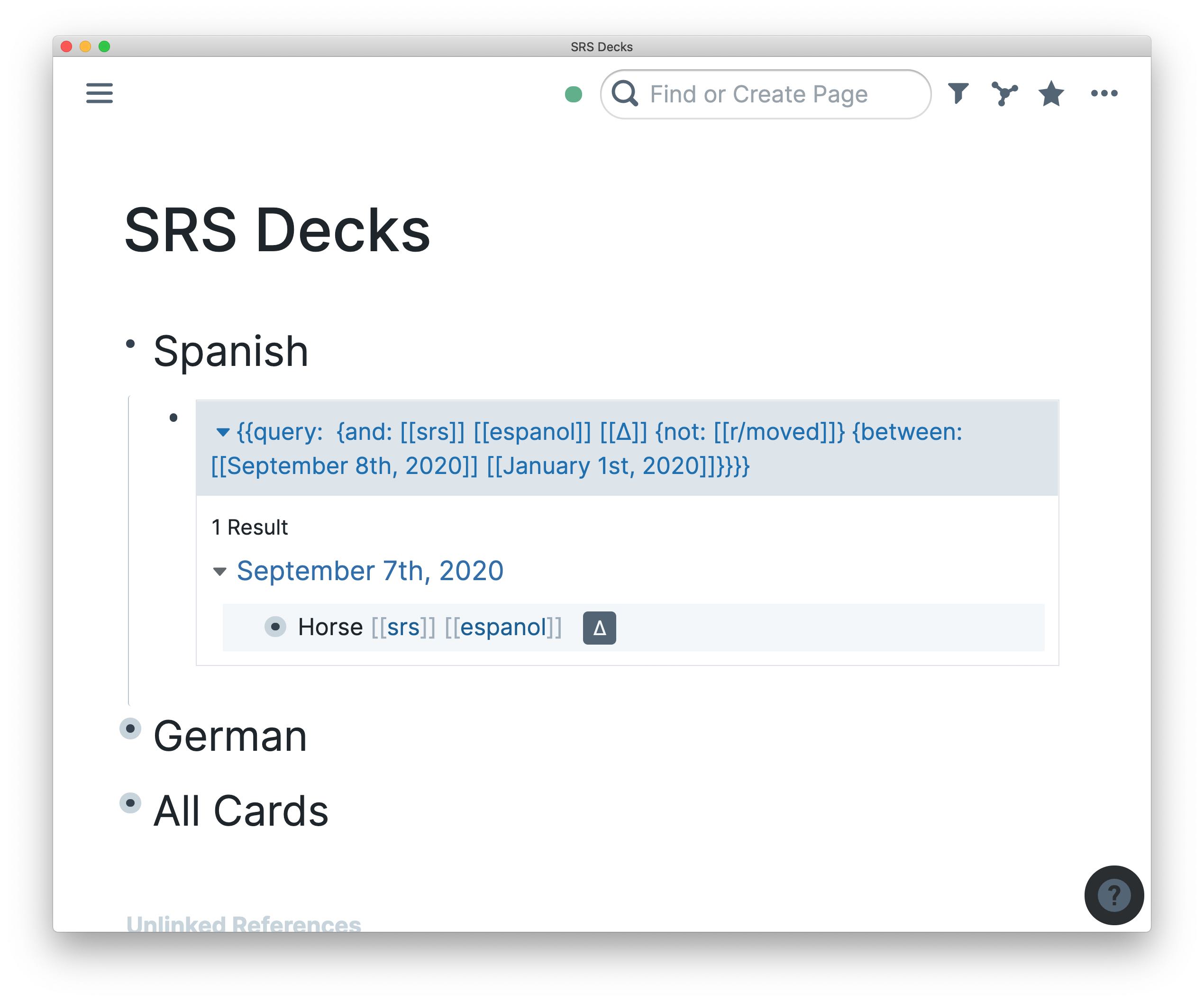 Roam page for SRS decks