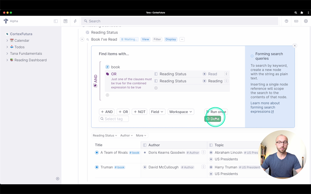 Screenshot of a reading dashboard of books using OR in live search