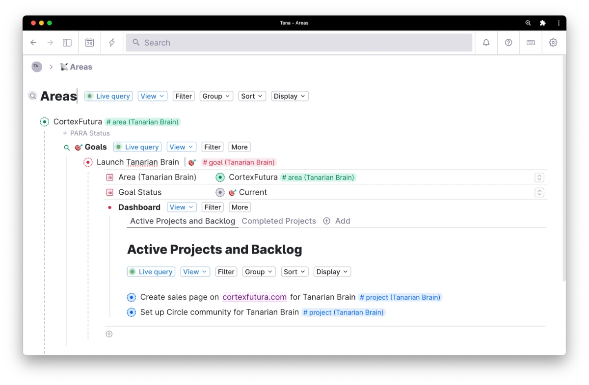 Screenshot of a Live Search in Tana for nodes tagged as #book